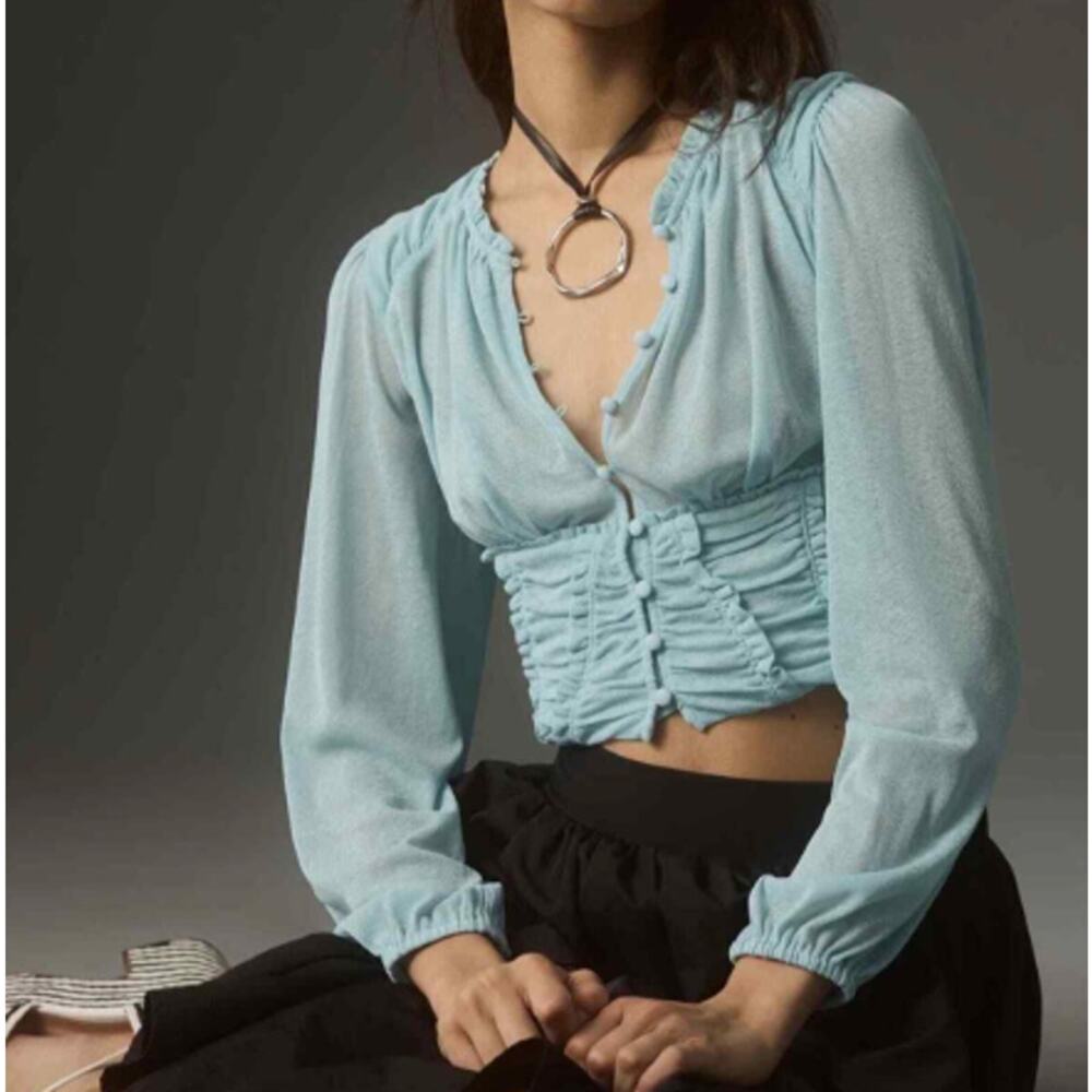 By‎ Anthropologie Women's Corset Femme Blouse Top Long Sleeve Sheer Blue XS